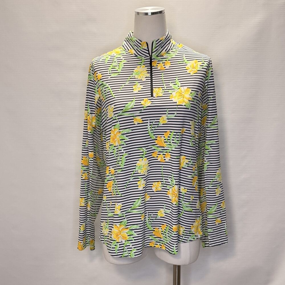 IBKUL Shirt Womens Large Multicolor Floral Stripe 1/4 Zip Golf Pickleball